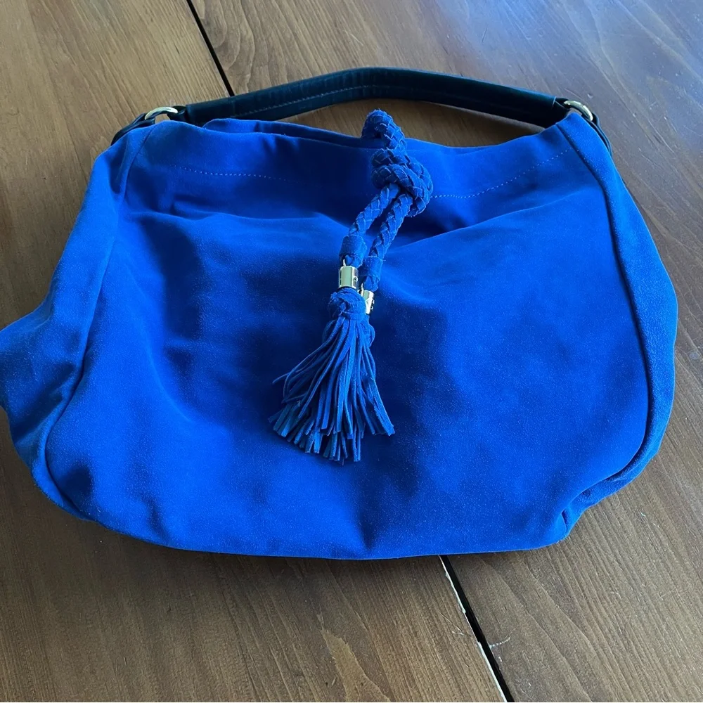 C. Wonder Blue Suede Slouch Hobo Bag with Leather Strap and Tassel - Picture 3 of 13